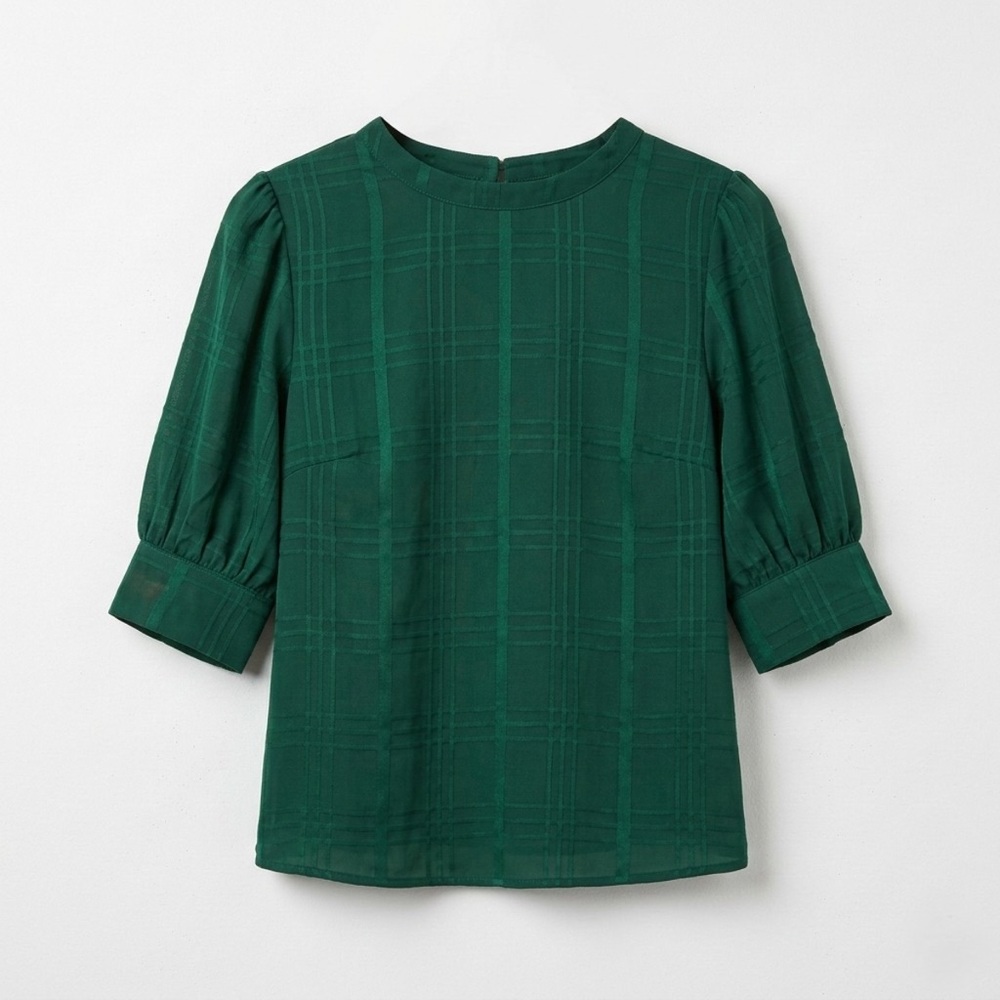 Sheln Emerald Green Striped Puff Sleeve Blouse -‎ Career Casual Work Top - Small